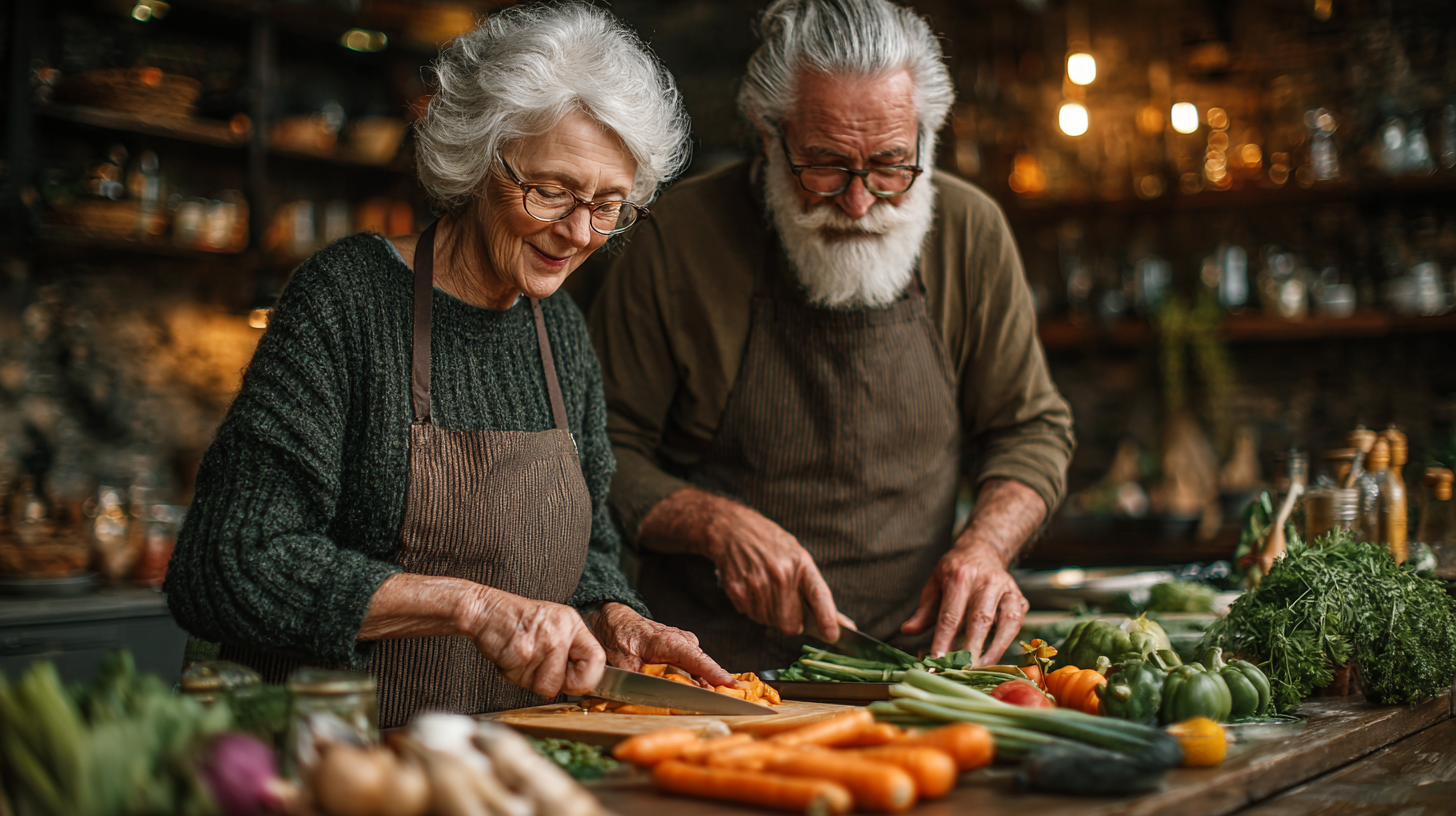 Seniori fericiți preparând o masă sănătoasă împreună în bucătărie
